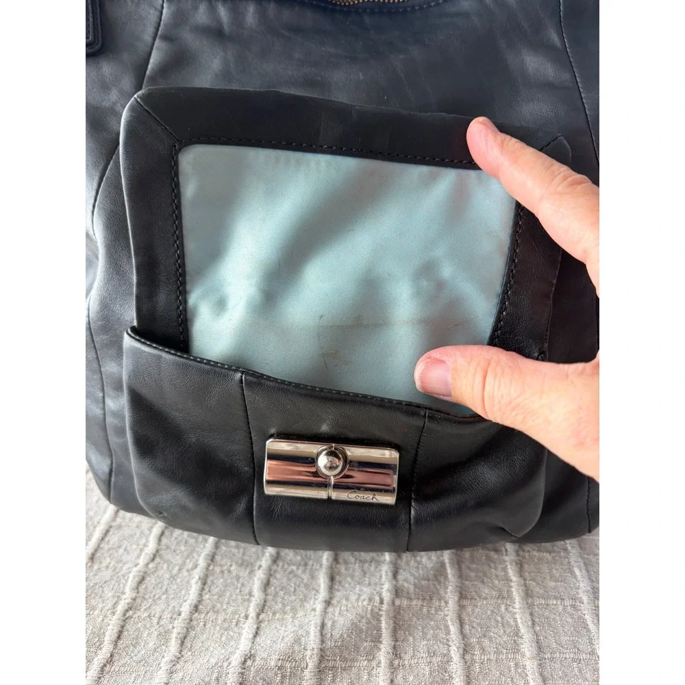 Coach Kristen Black Leather Hobo Bag Turnlock Pocket 14382 Teal Lining